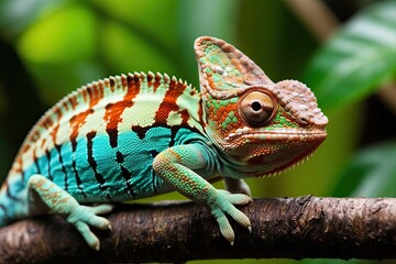 Obraz premium Stunning Close-Up of Chameleon Skin Changing Colors in Lush Rainforest Environment