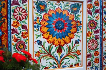 Vibrant Scandinavian Rosemaling Folk Art with Intricate Floral Designs