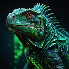 Fototapeta premium Abstract neon light Cyborg Iguana, glowing space background