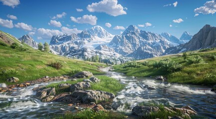 Mountain River Flowing Through a Valley with Snow-capped Peaks