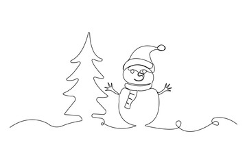 Hand-drawn snowman with tree continuous line art drawing. Festival concept background in doodle style