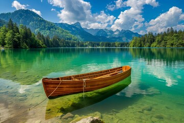 Obraz premium Wooden Boat Moored in a Crystal-Clear Mountain Lake