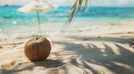 Tropical beach concept made of coconut fruit and sun umbrella. Creative minimal summer idea.