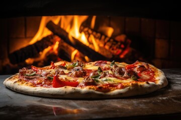 Sizzling California-style pizza cooking in an indoor oven by a crackling fireplace. Fast food dish...