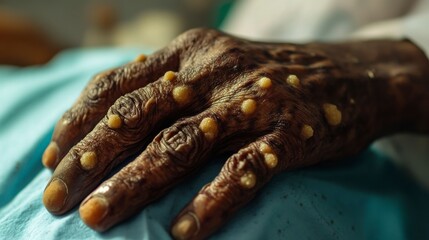 Close-up of a hand with large pustules and lesions caused by monkeypox, highlighting the severe symptoms of the viral infection during an epidemic.