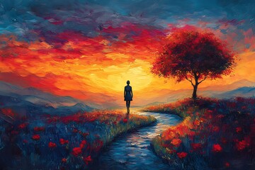 Fototapeta premium Healing Path serene image of person walking along winding path through beautiful vibrant landscape path represents journey of therapy selfcare each step bringing person closer place of mental wellness