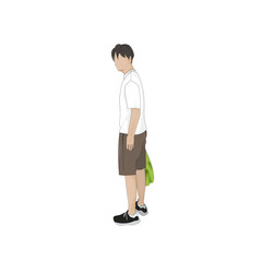 買い物袋を持って振り向いている若い男性