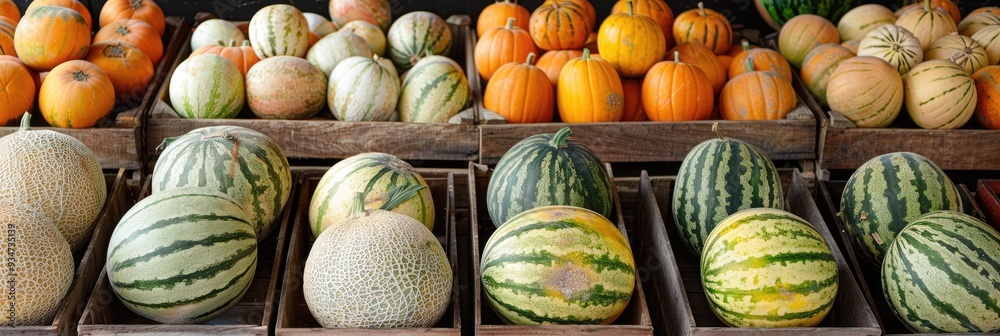 Poster mixed selection of melons showcased at a market stand