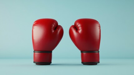 A pair of red boxing gloves positioned on a light blue background, symbolizing sports, competition, and fitness.
