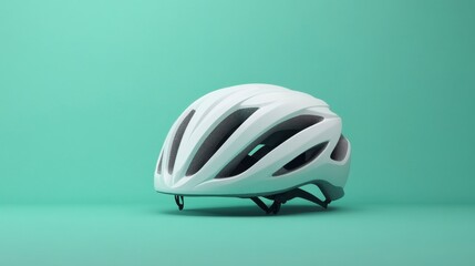 Fototapeta premium Stylish white bicycle helmet on a mint green background, ideal for cycling safety and sporty lifestyle themes.