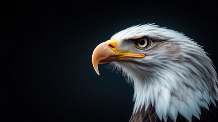 Obraz premium Professionally lit studio featuring an eagle, with soft lighting emphasizing its sharp eyes and strong wings against a clean, minimalistic backdrop.