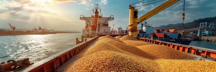 Dry cargo ship at the harbor loading corn for global grain commerce and distribution