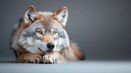 Fototapeta premium Professionally lit studio featuring a wolf, with soft lighting accentuating its sleek fur and intense gaze against a minimalistic backdrop.