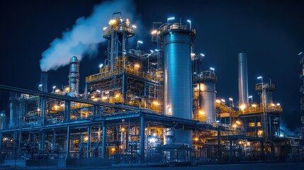 Night View of an Illuminated Industrial Plant with Large Silos and Steam Pipes Under a Dark Sky. 