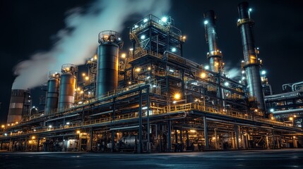 Night View of an Illuminated Industrial Plant with Large Silos and Steam Pipes Under a Dark Sky. 