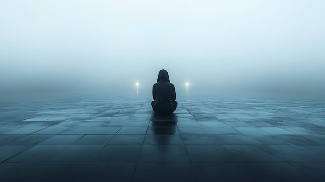 Isolation of Depression stark minimalist image of person sitting alone vast empty space space cold desolate gray representing loneliness isolation often felt during depression single faint light