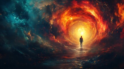 Light of Hope A serene abstract image of a person walking towards a bright glowing light at the end of a dark tunnel The tunnel is filled with symbols of mental illness