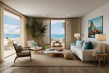 Fototapeta premium Stylish Coastal Escape 3D Interior Design Mockup Showcase