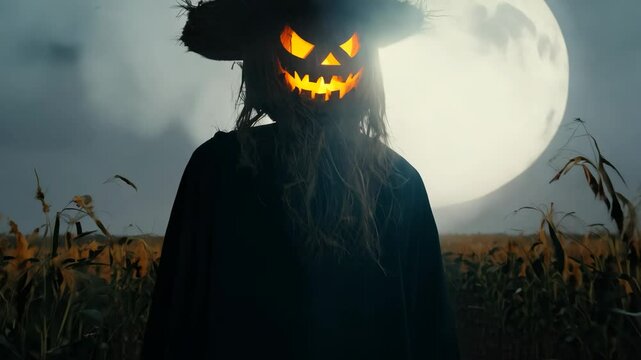 A haunting scarecrow with a glowing jack-o'-lantern head stands in a cornfield under a full moon, creating a chilling Halloween scene.