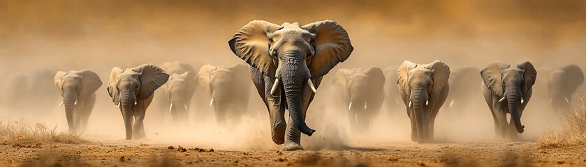 A majestic elephant leading its herd through a dusty savanna, with the background blurred, shot from a lowangle to emphasize their power and presence