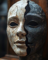 Mask of Happiness surreal image where person wear smiling mask but behind mask their face show deep sorrow pain contrast between bright cheerful mask dark troubled face underneath highlight hidden