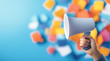 Hand holding a megaphone against a vibrant background of colorful sticky notes, symbolizing communication, announcements, and the power of voice in creative environments.