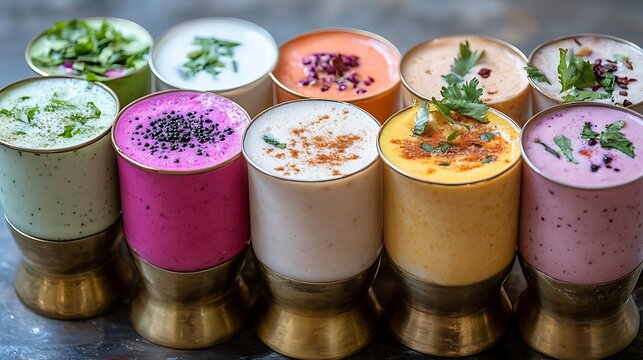 Colorful Indian lassi drinks served in brass glasses, blending traditional flavors with vibrant colors.