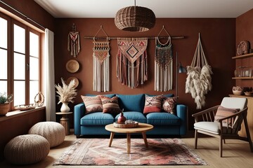 Nomadic Boho Interior Mockup Frame with Rustic Decor in a Cosy Living Room