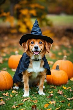 Cute dog wearing halloween witch costume, standing outdoors with pumpkins arround.