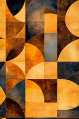 A geometric seamless pattern with overlapping semicircles and rectangles in warm orange, yellow, and dark brown tones, creating an abstract, retro vibe.