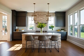 Stylish Contemporary Kitchen with Central Stone Cabinets and Bright Dining Area