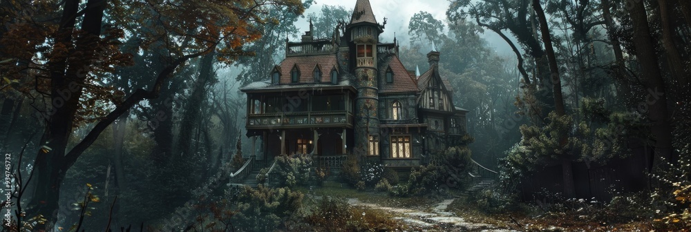 Canvas Prints Mysterious and haunting dwelling surrounded by dense forest