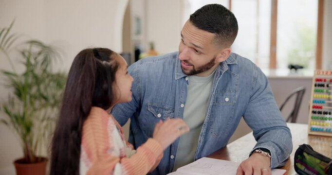 Father, daughter and whisper for secret with laughing, happiness and bonding in dining room table of home. Family, man and girl child with gossip and conversation in lounge for homework, love or care