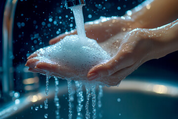 Fototapeta premium Hand washing with water and soap, clean and protection from dirty, virus, bacteria