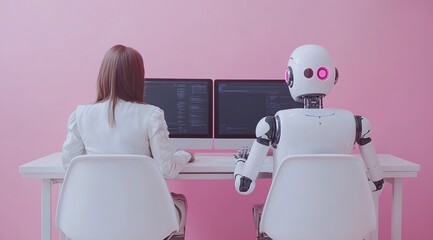 Human and AI Robot Collaborating at the Same Desk with a Pink Background in a Stock Photo Style, Featuring a Modern and Futuristic Workspace