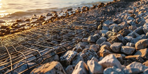 Landslide protection with crushed stone gravel and stone landscape elements in a metal grid for erosion prevention from floodwaters and sea waves Coastline reinforcement