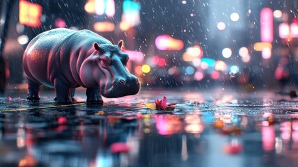 Hippopotamus strolling through a city street bathed in neon lights, with colorful reflections accentuating its massive form and unique features.