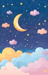 Night Sky with Crescent Moon and Stars.