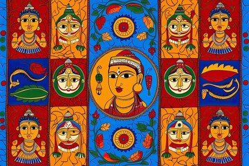 Obraz premium Vibrant Indian Folk Art Showcasing Myths and Symbols on Colorful Background