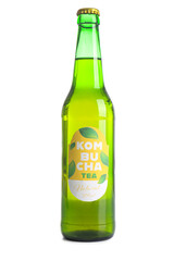 Bottle of tasty kombucha tea on white background