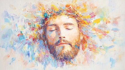Fototapeta premium Abstract Painting of Jesus Christ with Closed Eyes and Crown of Thorns