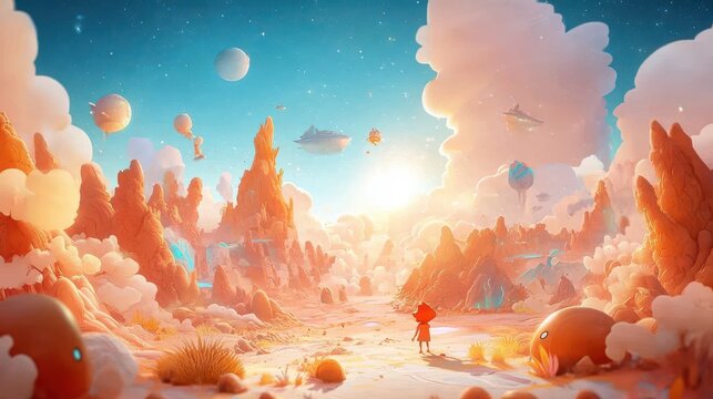 Futuristic Sci-Fi World: 3D Alien Landscapes with Dynamic 2D Characters Exploring Environment