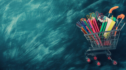 Shopping Cart Full of School Supplies on a Green Chalkboard