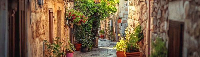 Quaint narrow street lined with rustic stone houses adorned with colorful potted plants, overhead...