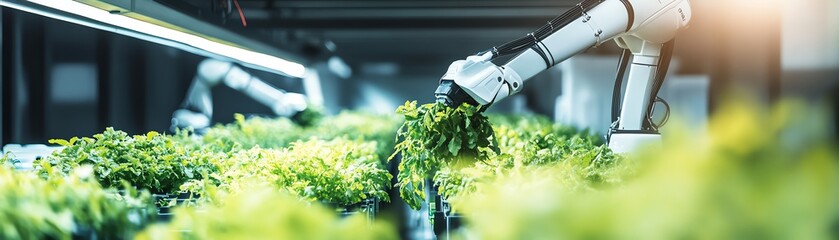 Robotic arms harvesting vibrant green plants in a futuristic indoor farm, captured from a midrange perspective under soft, controlled lighting