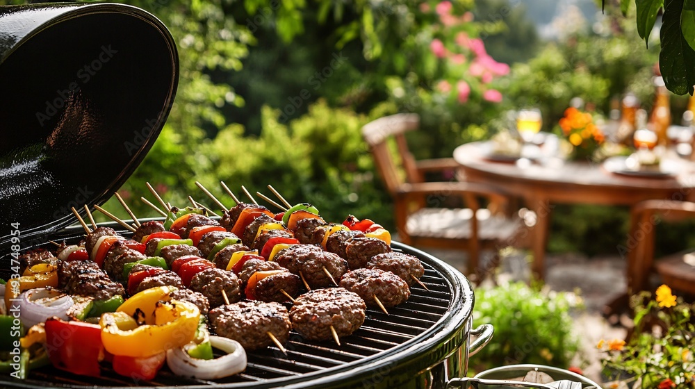 Wall mural grilled kebab skewers on a barbecue with a blurry background of a garden party table.