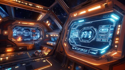 Futuristic 3D Space Station with Interactive 2D Holographic Displays for User Engagement