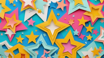 Obraz premium Colorful layered paper stars overlap in a vibrant celebratory pattern providing excellent background space for marketing.