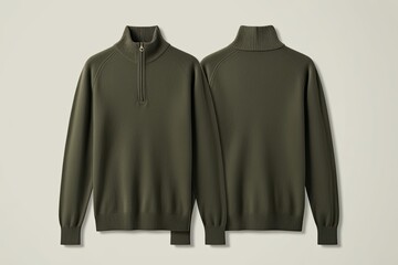Olive Green Quarter Zip Sweater Mockup Front Back Chic Knit Top Apparel Display