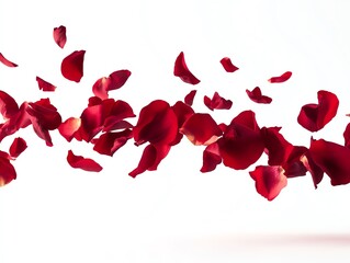 Swirling red rose petals floating in midair against a white background isolated and dynamic capturing the essence of romance and movement